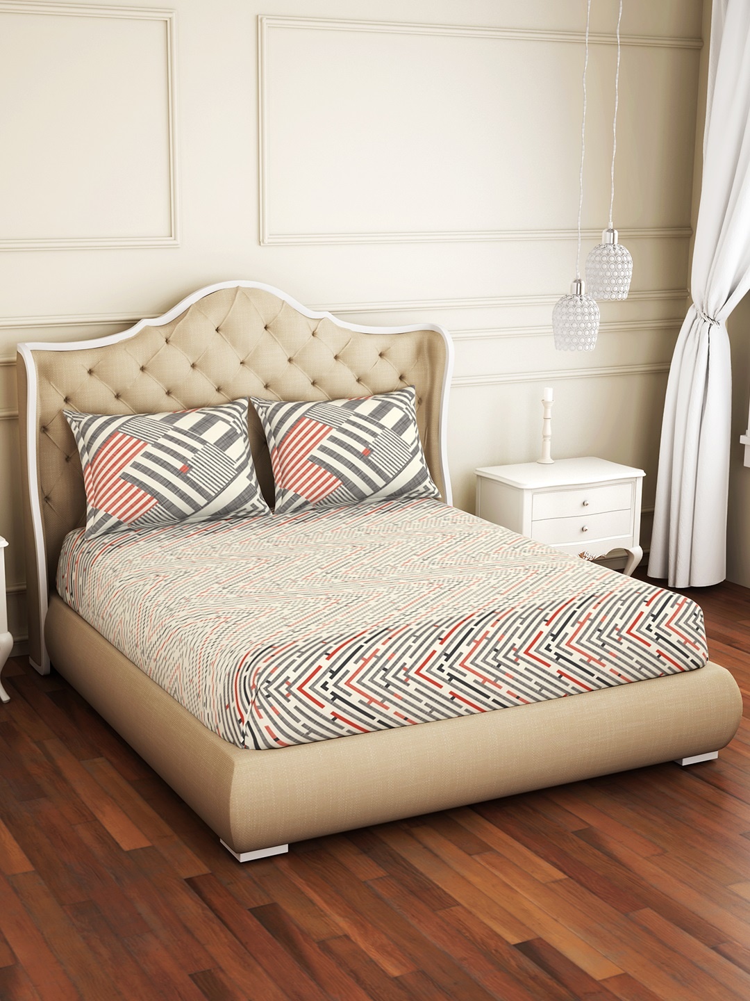 

Spaces Atrium Geometric Beige 1 Queen Size Fitted Sheets With 2 Pillow Cover