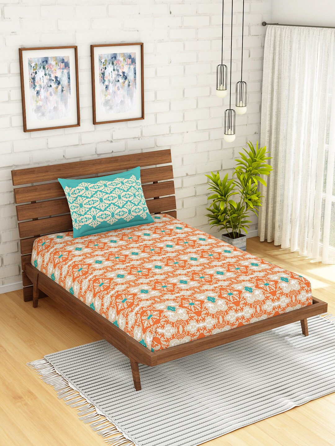 

SPACES Peach-Coloured & Green Cotton Ethnic Motifs 210 TC Single Bedsheet & 1 Pillow Cover