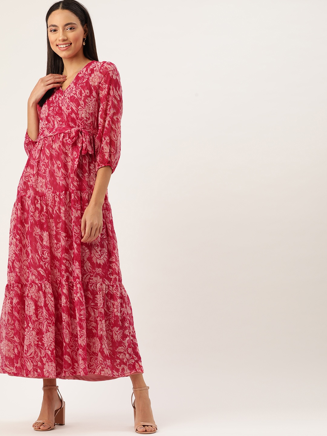 

DressBerry Pink Floral Print Tiered Maxi Dress