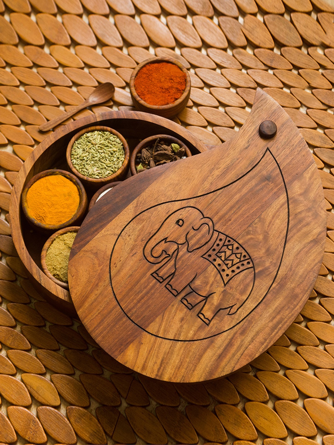 

ExclusiveLane Brown Sheesham Wooden Hand Carved Spice Box With Lid