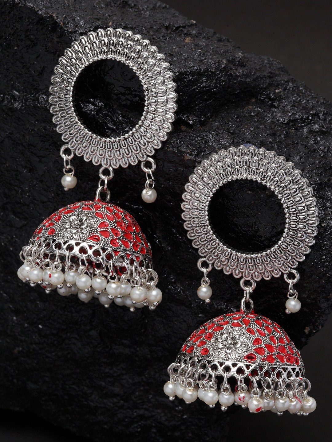 

PANASH Silver-Plated & Red Dome Shaped Jhumkas