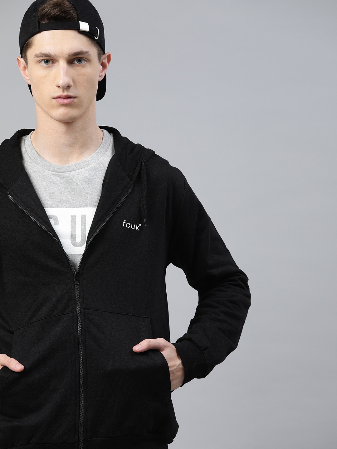 

French Connection Men Black Solid Hooded Sweatshirt