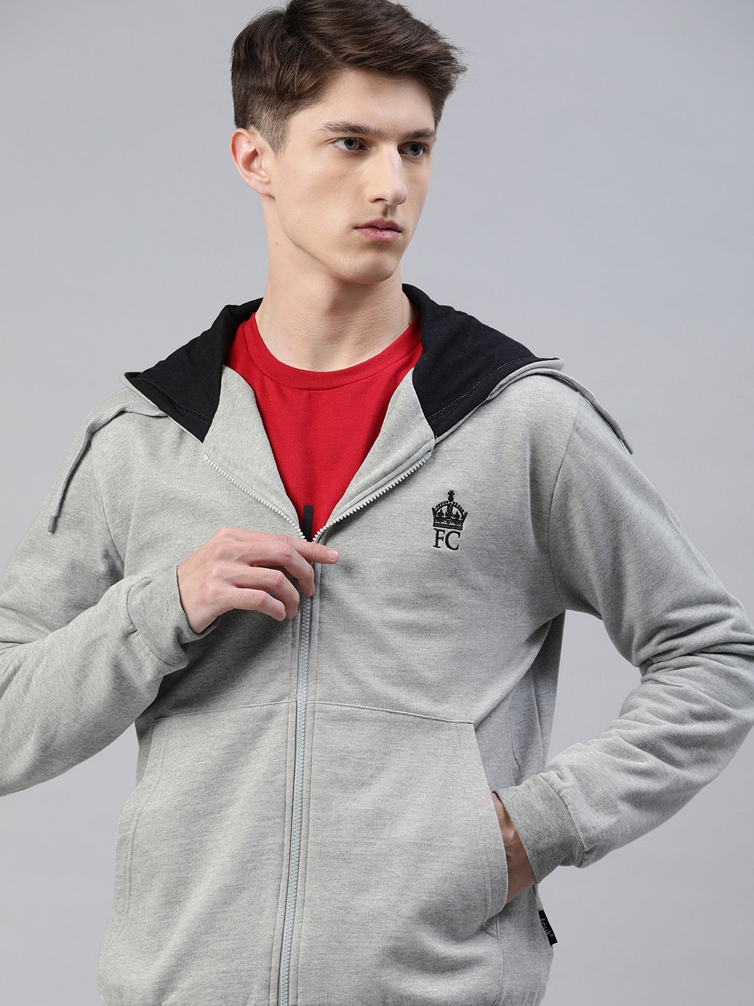 

French Connection Men Grey Solid Hooded Sweatshirt