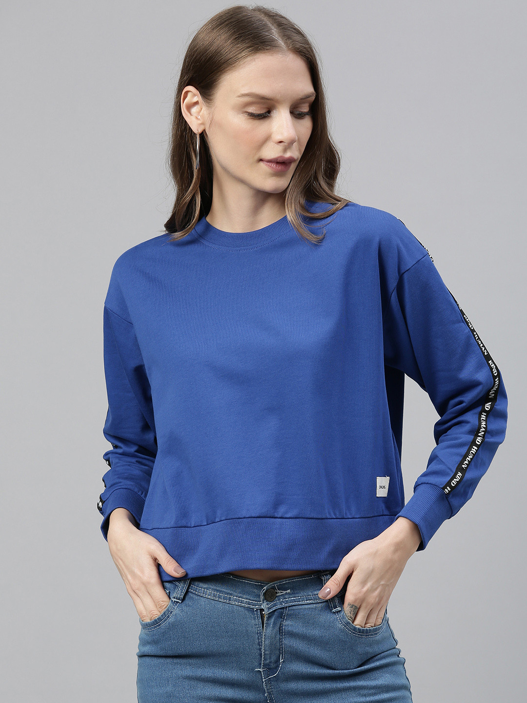 

ONLY Women Blue Solid Cropped Pullover Sweatshirt With Printed Side Stripes