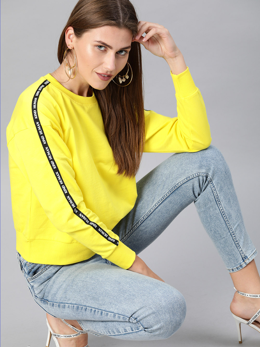 

ONLY Women Yellow Solid Sweatshirt with Side Stripes