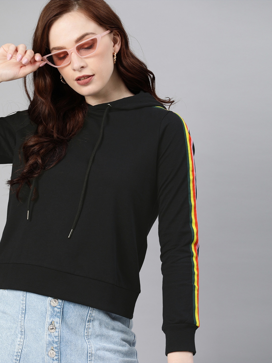 

ONLY Women Black Solid Hooded Sweatshirt