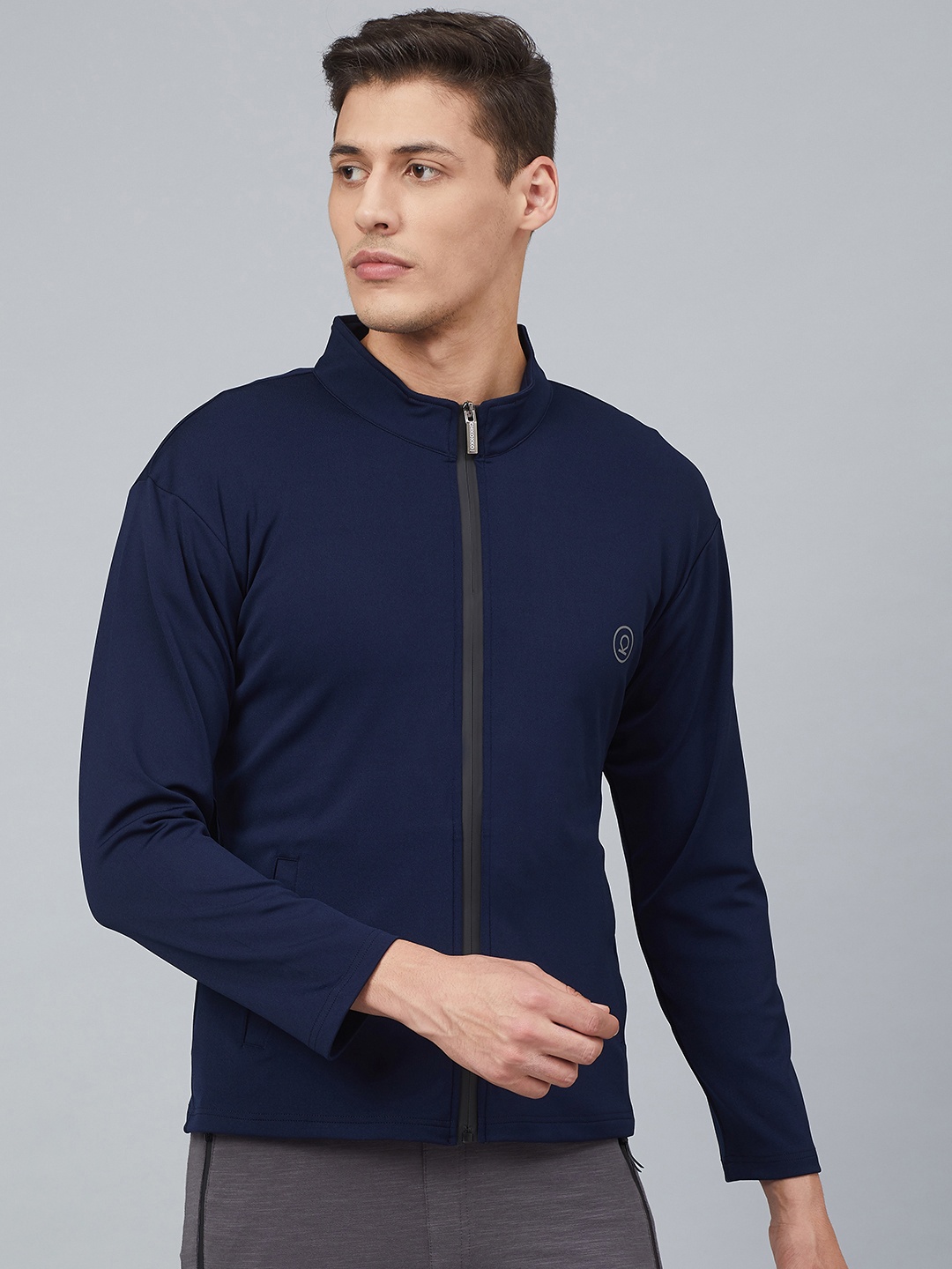 

Chkokko Men Navy Blue Solid Running Sporty Jacket