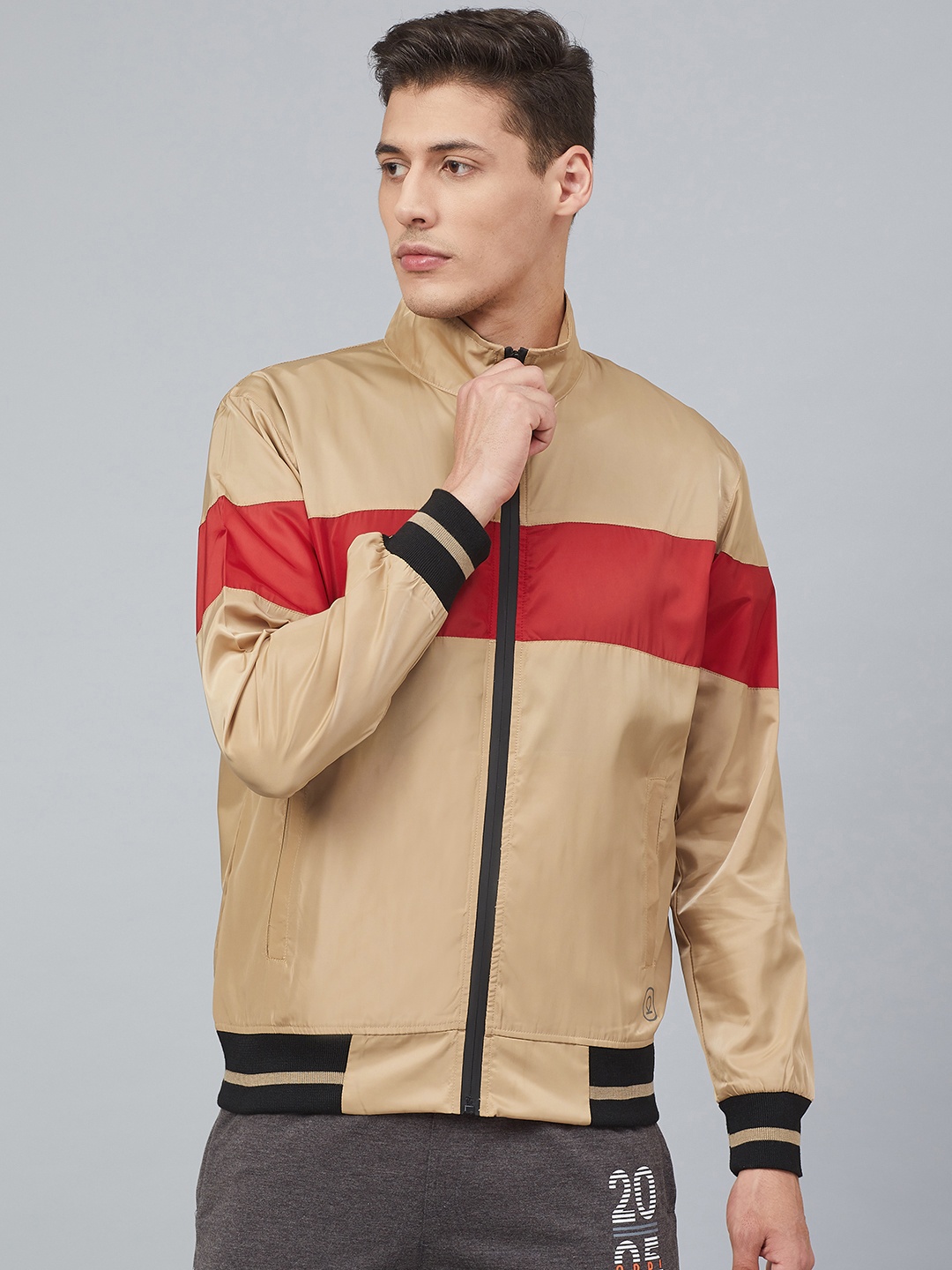 

Chkokko Men Beige & Red Colourblocked Windcheater Bomber Running Jacket