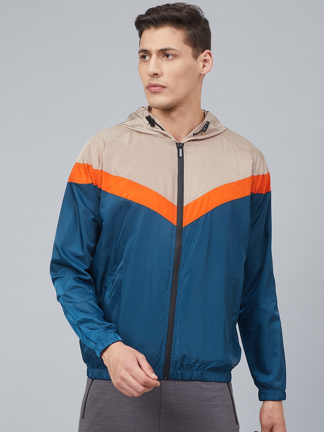 

Chkokko Men Teal Blue & Beige Colourblocked Hooded Windcheater Running Bomber Jacket