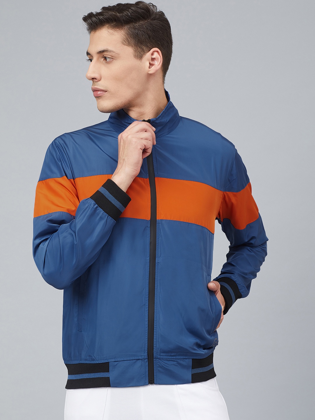 

Chkokko Men Blue & Orange Solid Windcheater Running Sporty Jacket