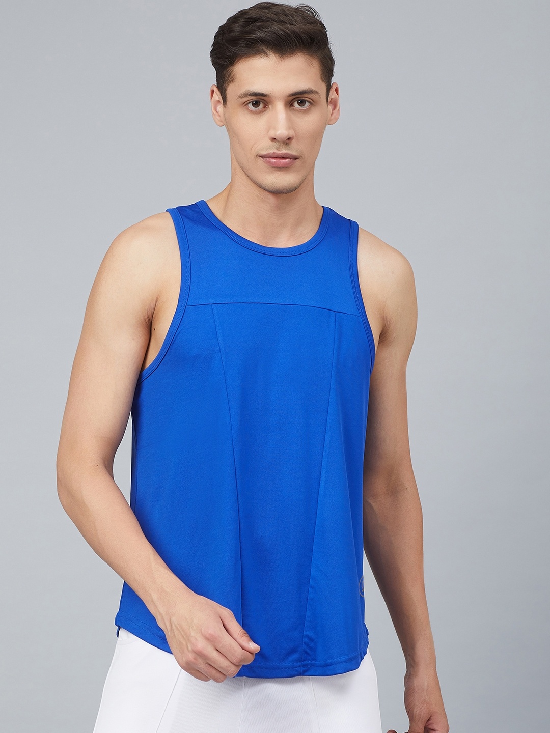 

CHKOKKO Men Blue Solid Round Neck Sleeveless Training T-shirt