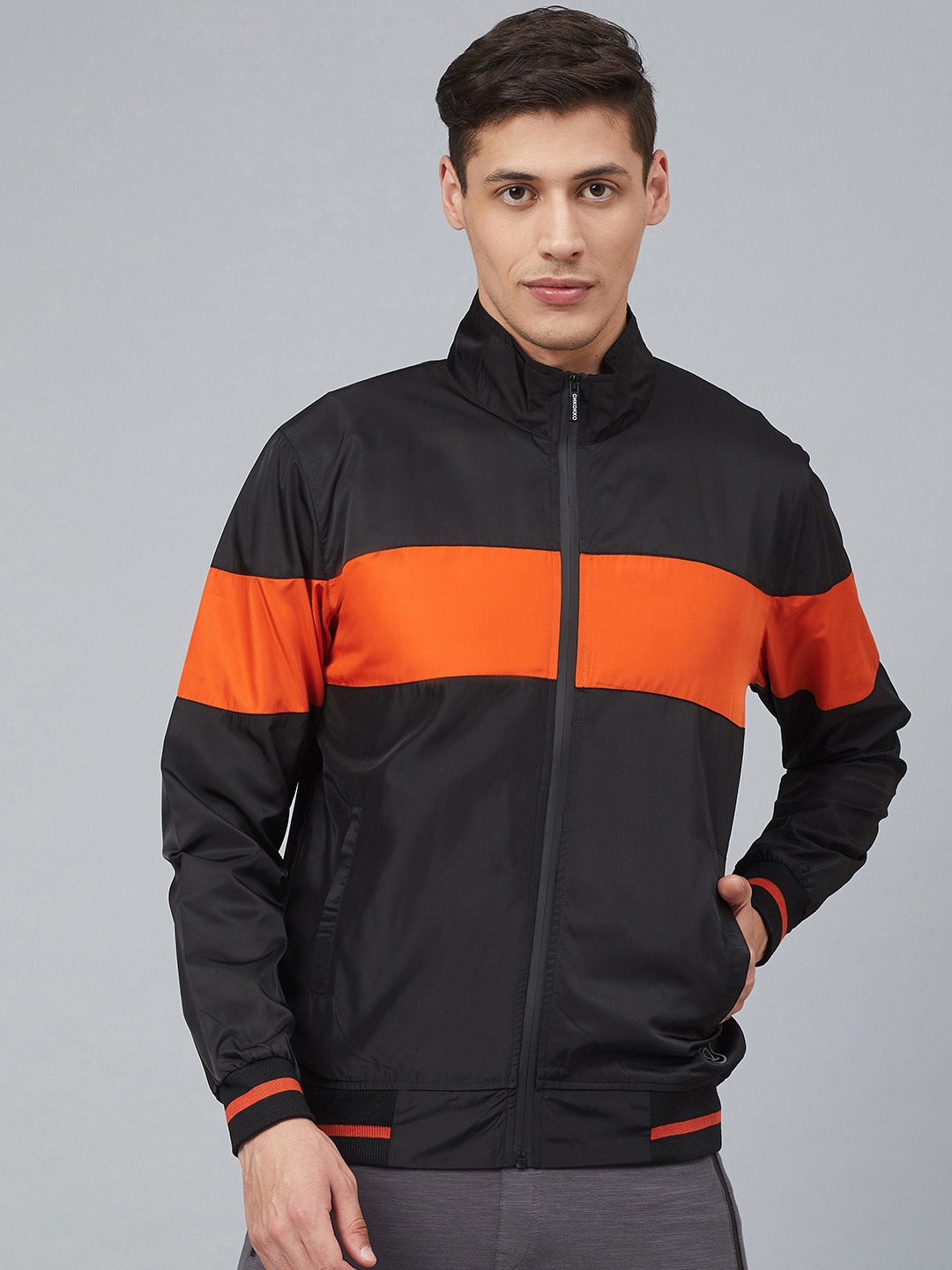 

CHKOKKO Men Black & Orange Colourblocked Windcheater Running Bomber Jacket