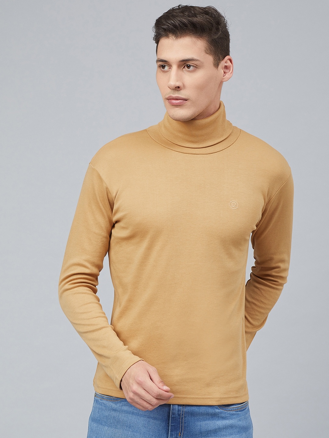 

CHKOKKO Men Beige Solid Turtle Neck T-shirt