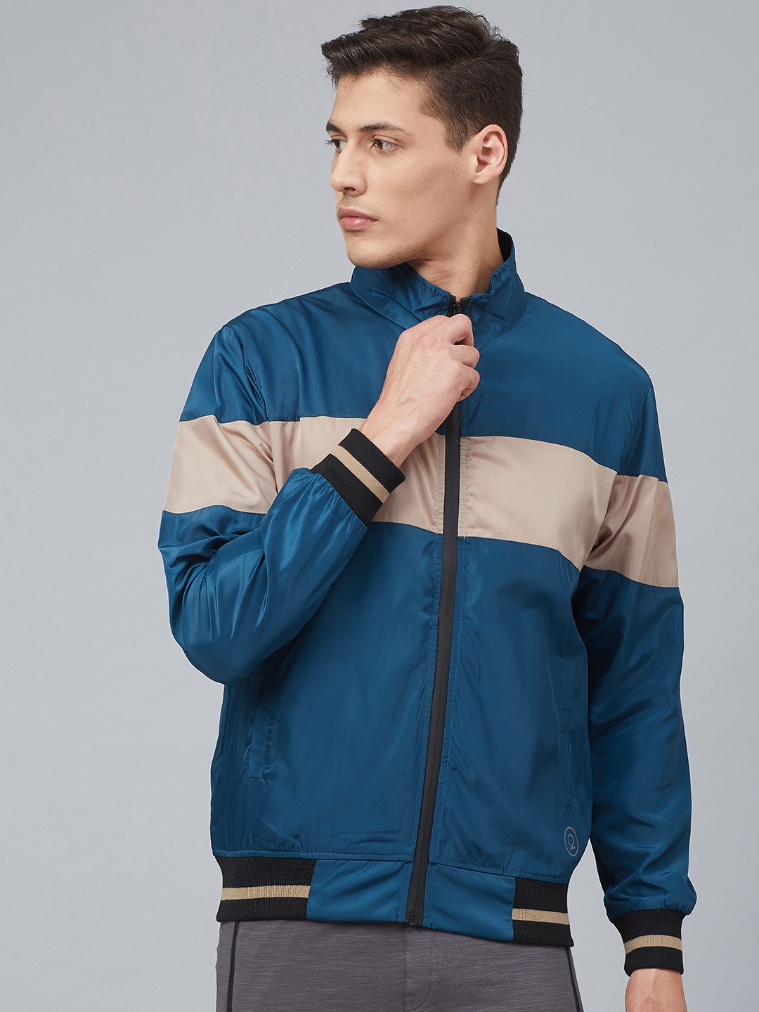 

Chkokko Men Blue & Beige Colourblocked Windcheater Bomber Running Jacket
