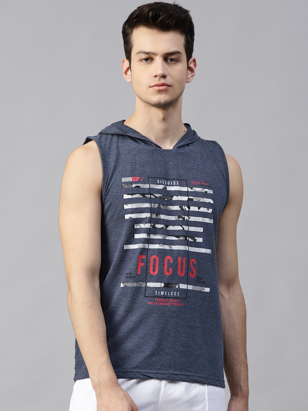 

CHKOKKO Men Navy Blue Sleeveless Hooded Training T-shirt
