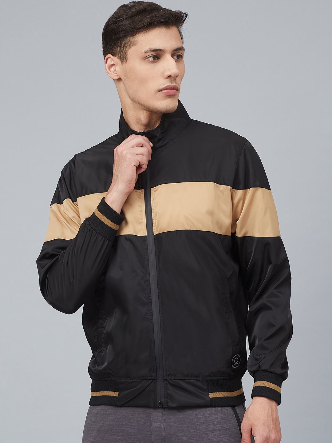 

Chkokko Men Black & Beige Colourblocked Windcheater Running Bomber Jacket