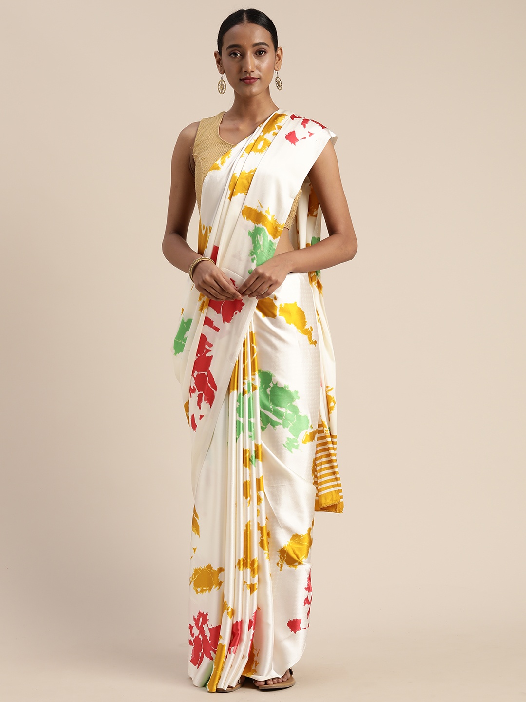 

Satrani White & Gold-Toned Silk Blend Printed Saree