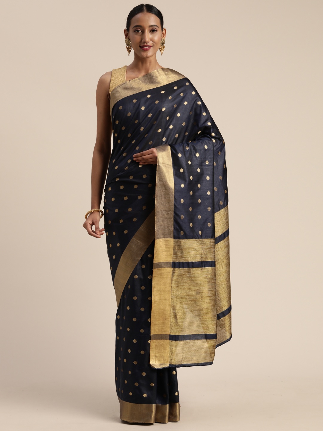 

Satrani Navy Blue & Gold-Toned Poly Silk Woven Design Banarasi Saree