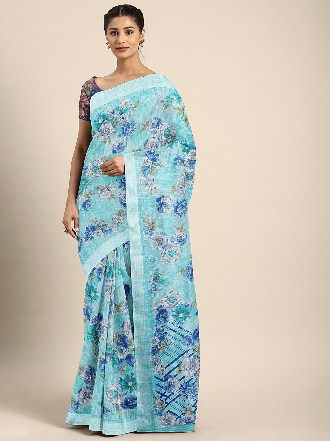 

KALINI Blue Floral Printed Silk Blend Saree