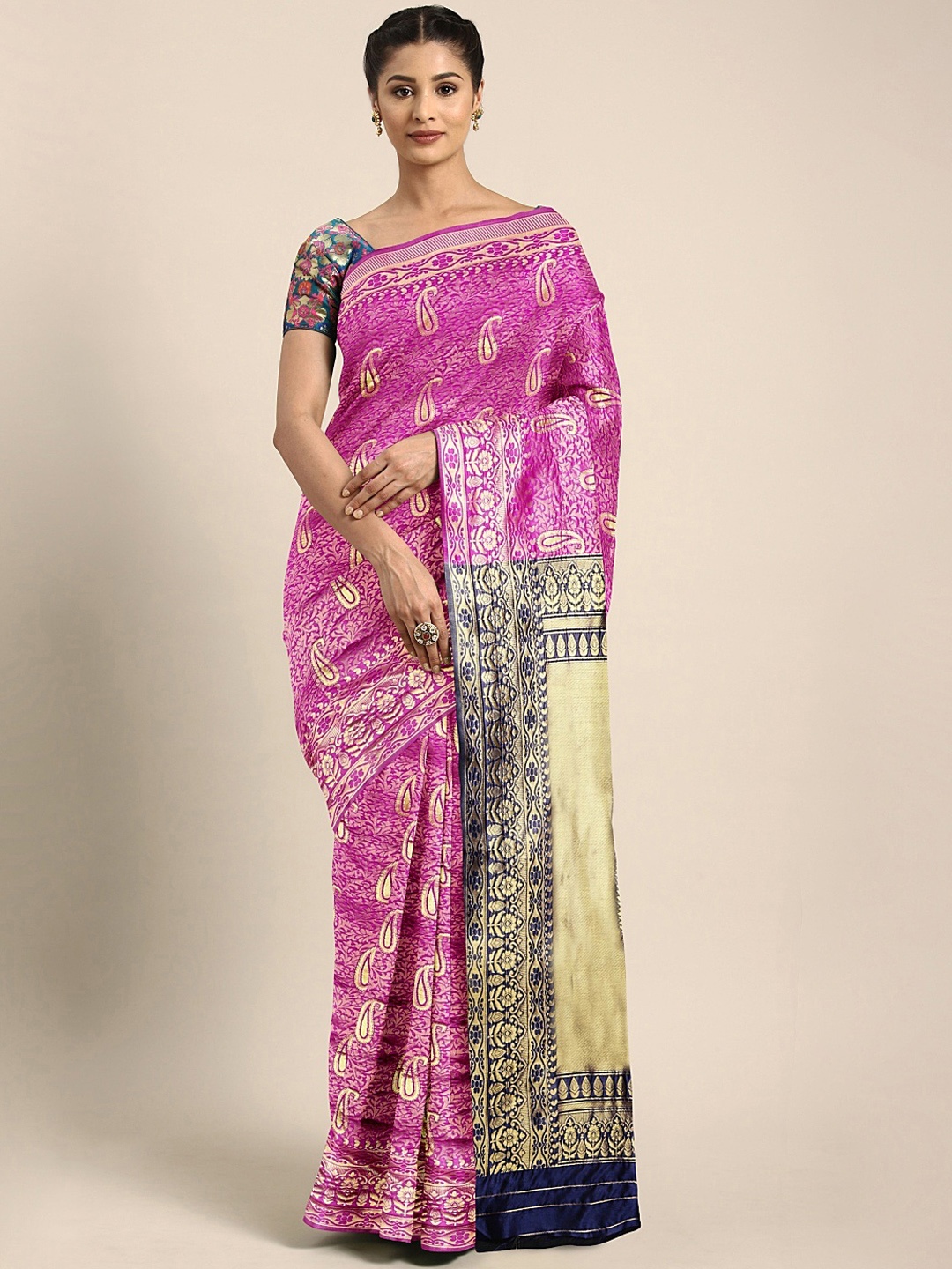 

KALINI Pink & Gold-Coloured Poly Silk Woven Design Banarasi Celebrity Saree