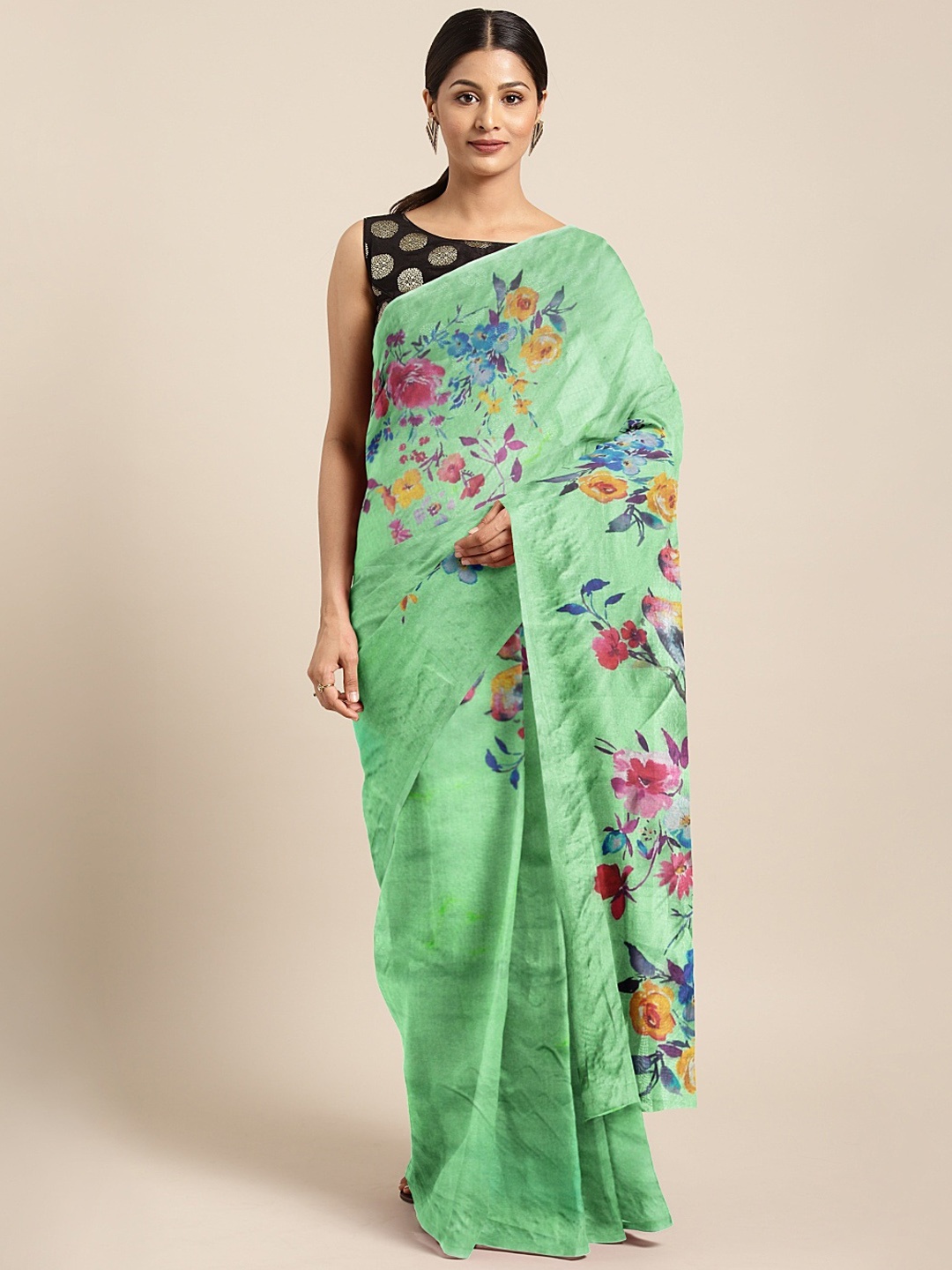 

KALINI Green & Pink Organza Floral Printed Saree