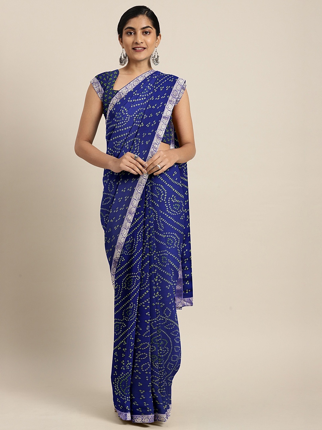 

KALINI Blue & Green Pure Chiffon Printed Bandhani Saree