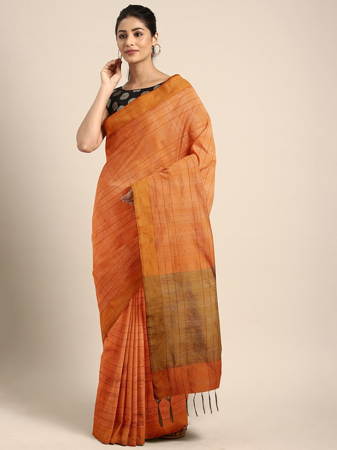 

KALINI Orange & Brown Cotton Blend Checked Banarasi Saree