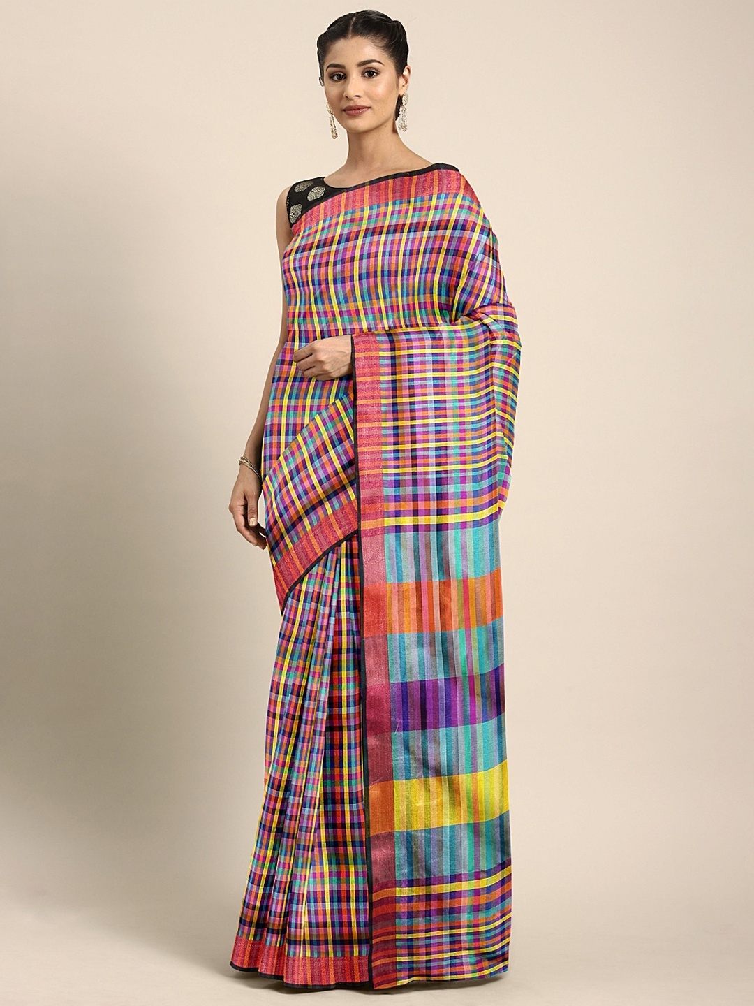 

KALINI Multicoloured Checked Poly Silk Saree, Multi