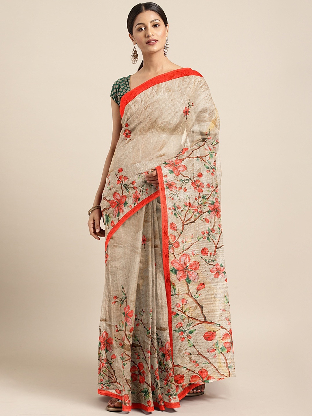 

KALINI Beige & Coral Orange Organza Floral Printed Saree