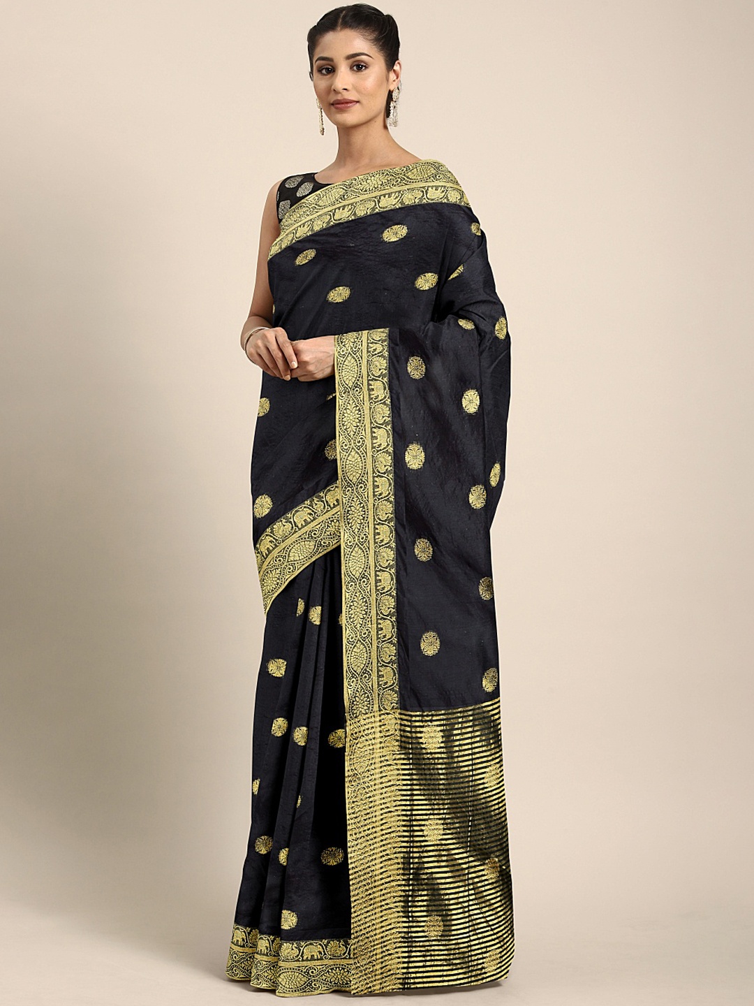 

KALINI Black & Gold-Coloured Silk Blend Woven Design Maheshwari Saree