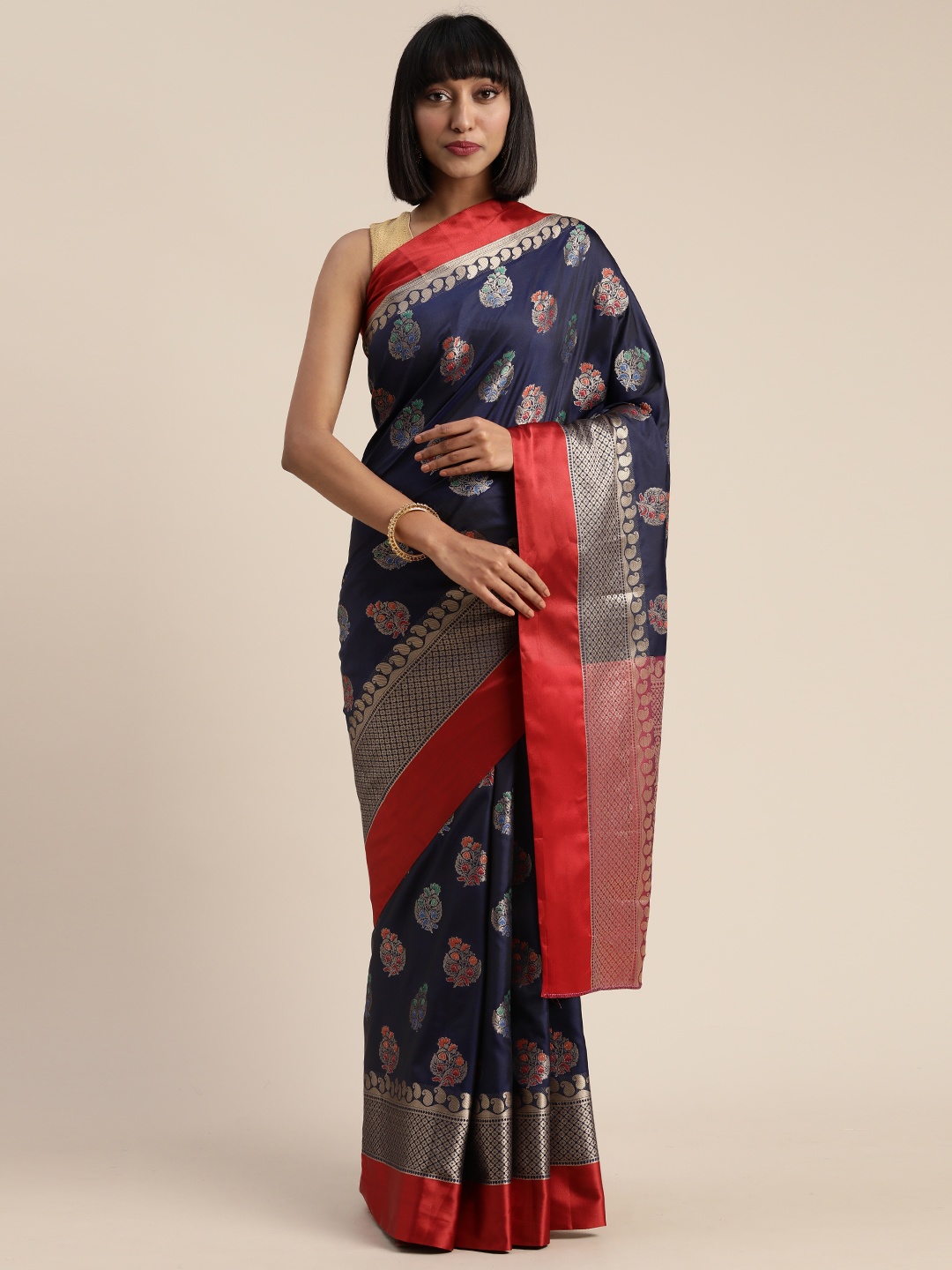 

Mitera Navy Blue & Gold-Toned Poly Silk Woven Design Banarasi Saree
