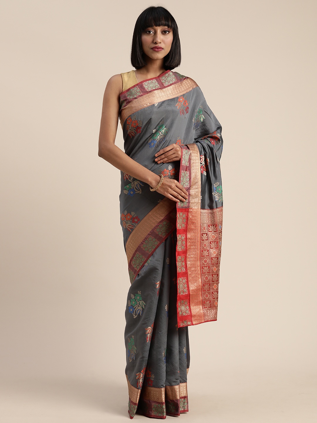 

Mitera Grey & Red Poly Silk Woven Design Banarasi Saree