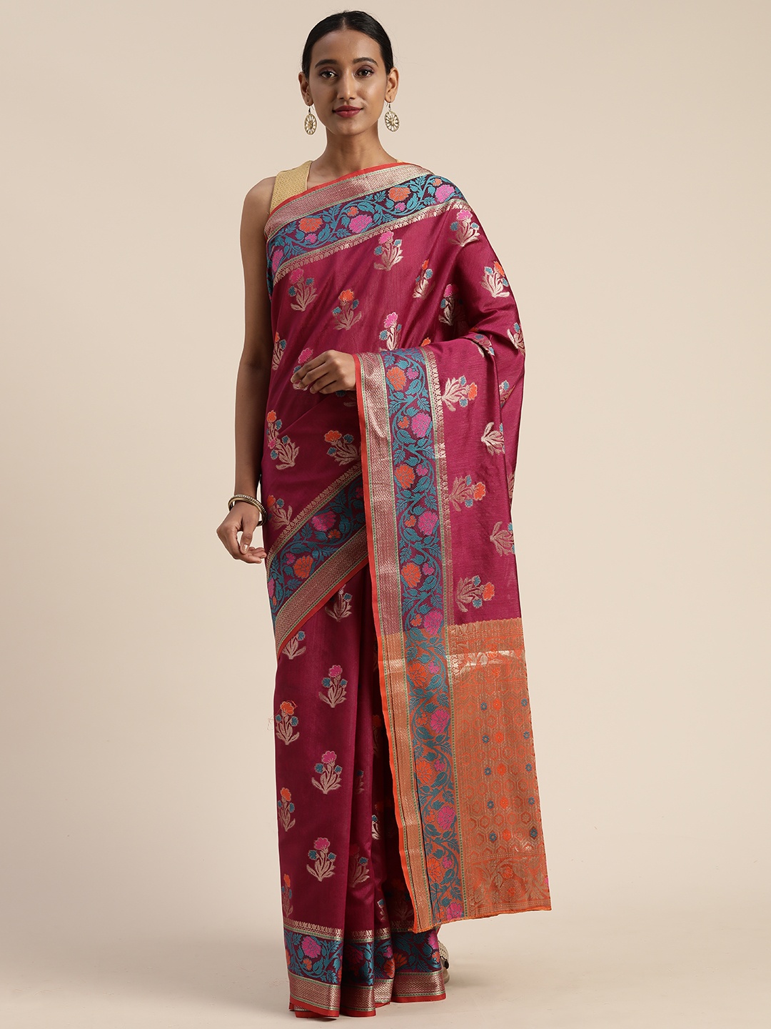 

Mitera Pink & Gold-Toned Poly Silk Woven Design Banarasi Saree