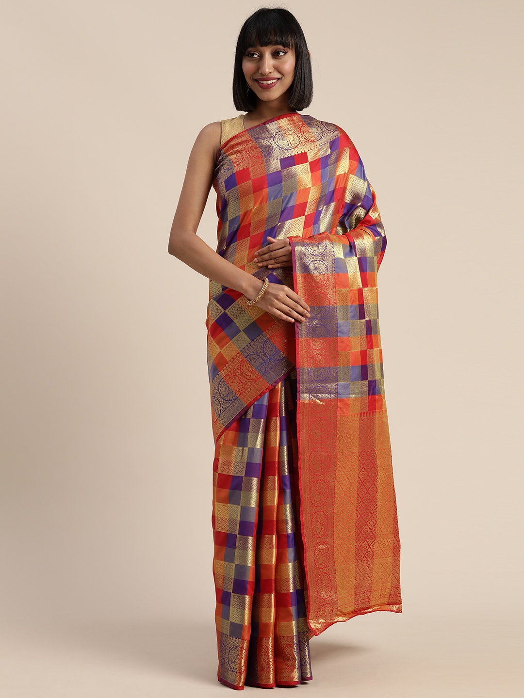 

Mitera Red & Golden Poly Silk Checked Paithani Saree