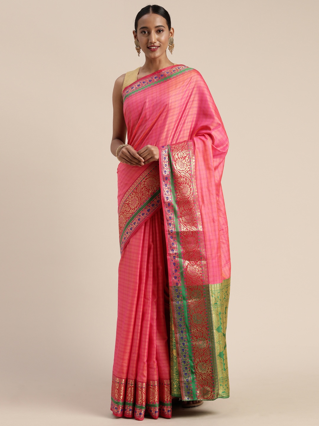 

Mitera Pink & Purple Poly Silk Checked Kanjeevaram Saree