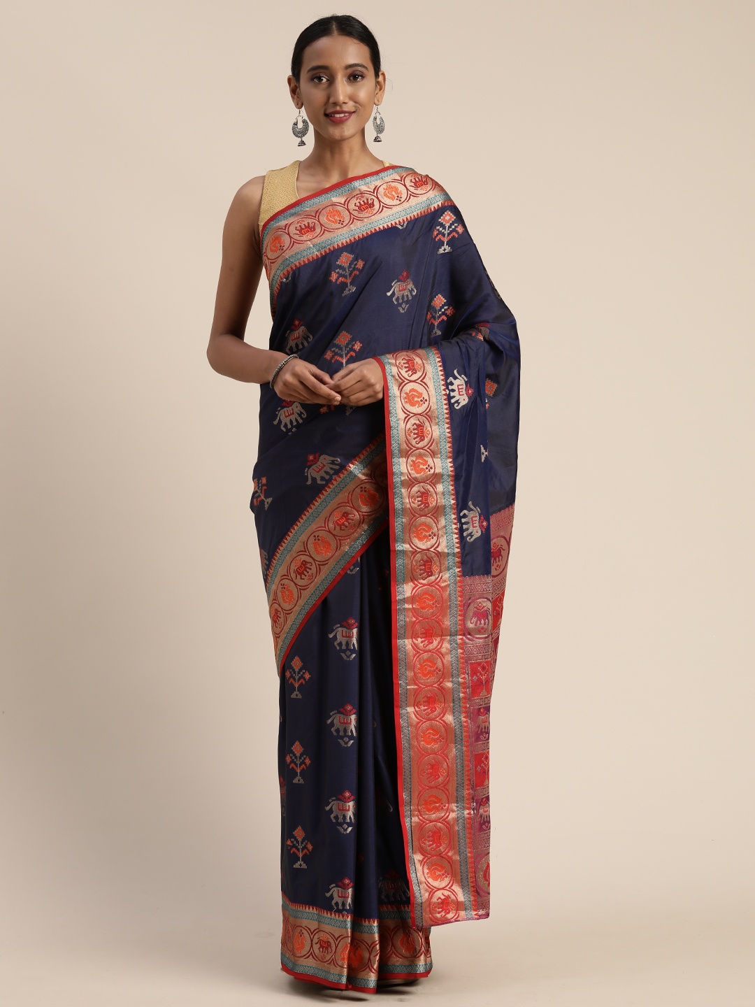 

Mitera Navy Blue Poly Silk Woven Design Banarasi Saree