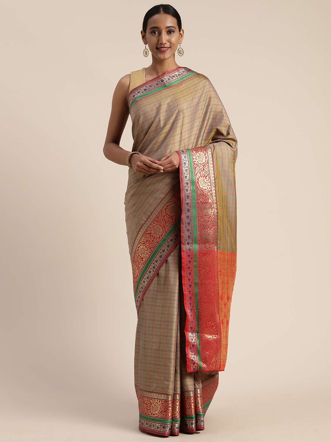 

Mitera Olive Green & Red Poly Silk Checked Kanjeevaram Saree