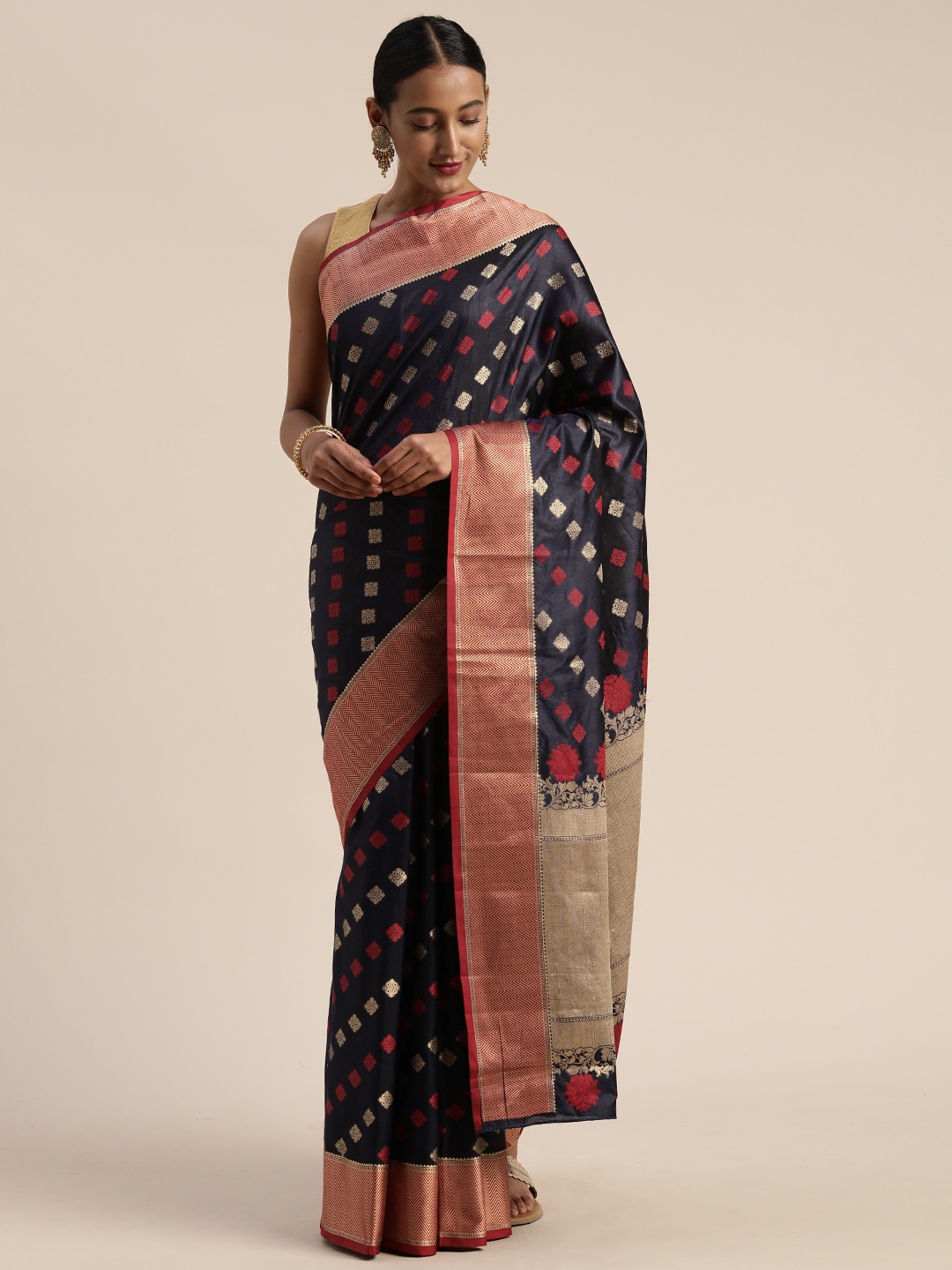 

Mitera Navy Blue & Red Poly Silk Woven Design Paithani Celebrity Saree