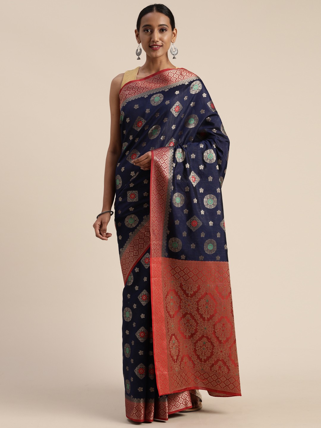

Mitera Navy Blue & Red Poly Silk Woven Design Banarasi Saree