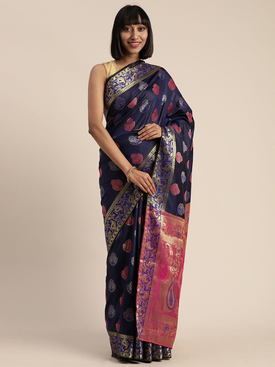 

Mitera Navy Blue & Gold-Toned Poly Silk Woven Design Kanjeevaram Saree