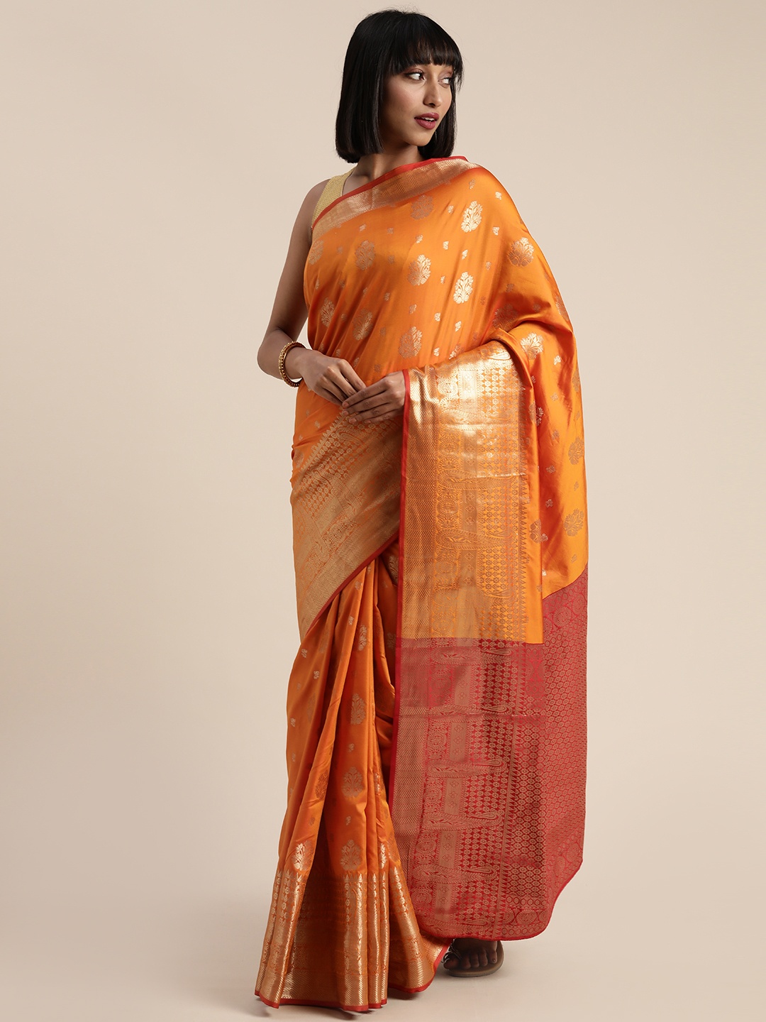 

Mitera Orange & Gold-Toned Poly Silk Woven Design Banarasi Saree