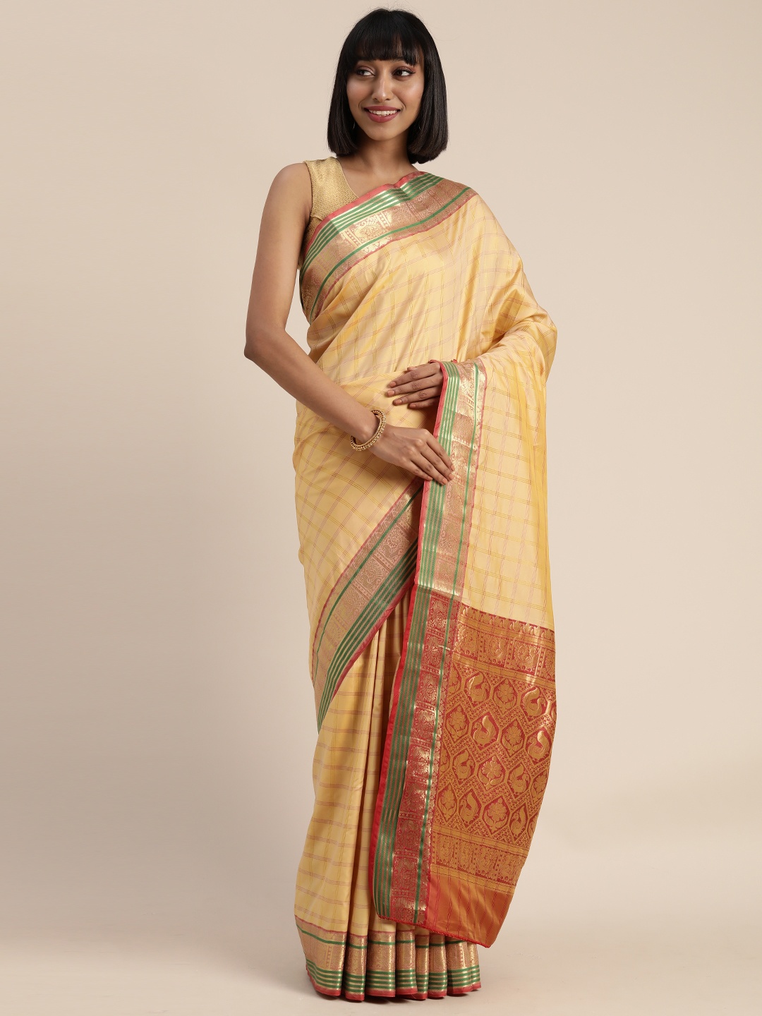 

Mitera Cream-Coloured & Green Poly Silk Striped Kanjeevaram Saree
