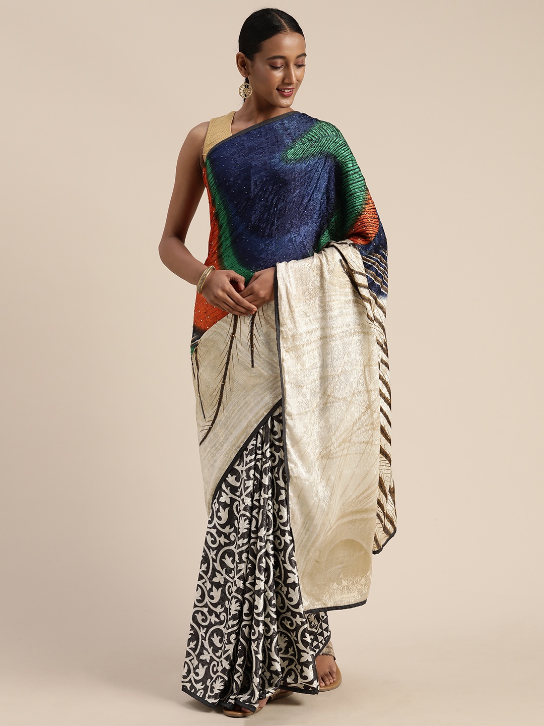 

Mitera Off-White & Black Poly Crepe Printed Saree
