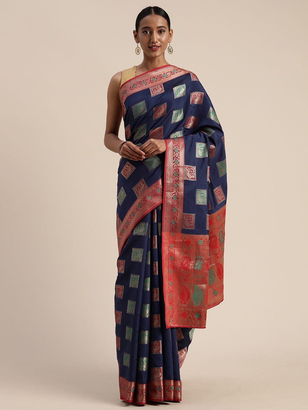 

Mitera Navy Blue Poly Silk Woven Design Banarasi Saree