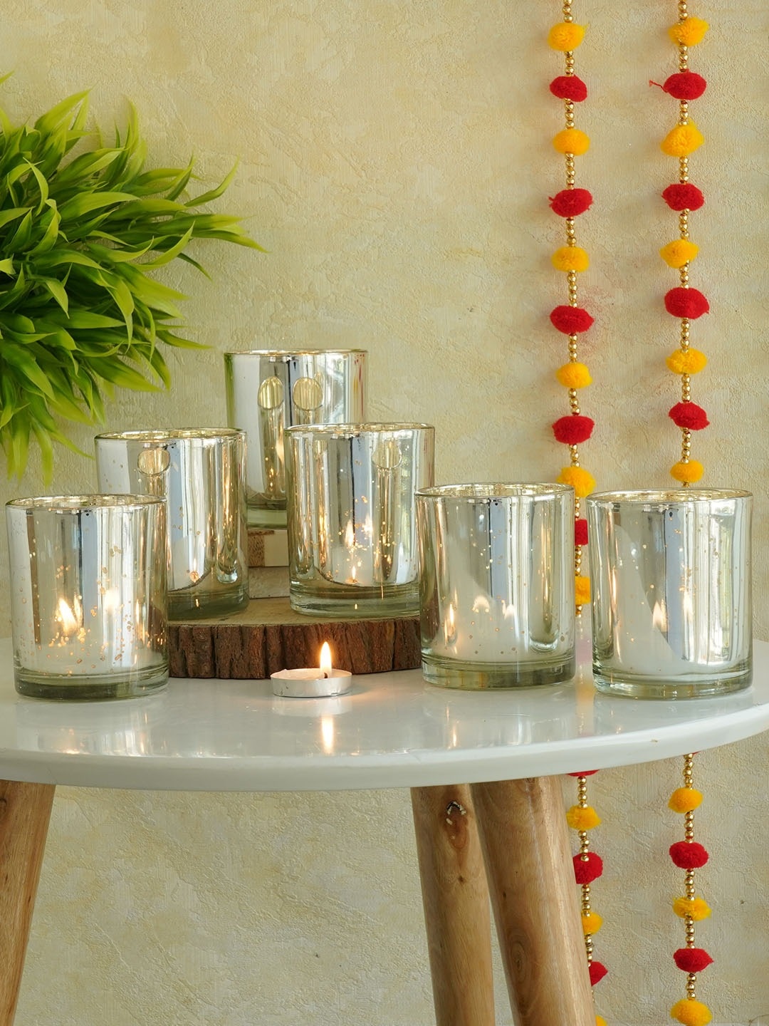 

TIED RIBBONS Silver-Toned 6 Pieces Murcury Glass Tealight Candle Holder