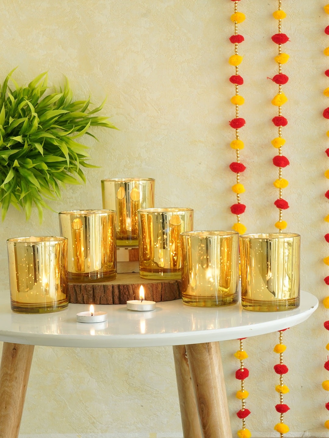 

TIED RIBBONS Pack of 6 Gold-Toned Murcury Glass Tealight Candle Holder