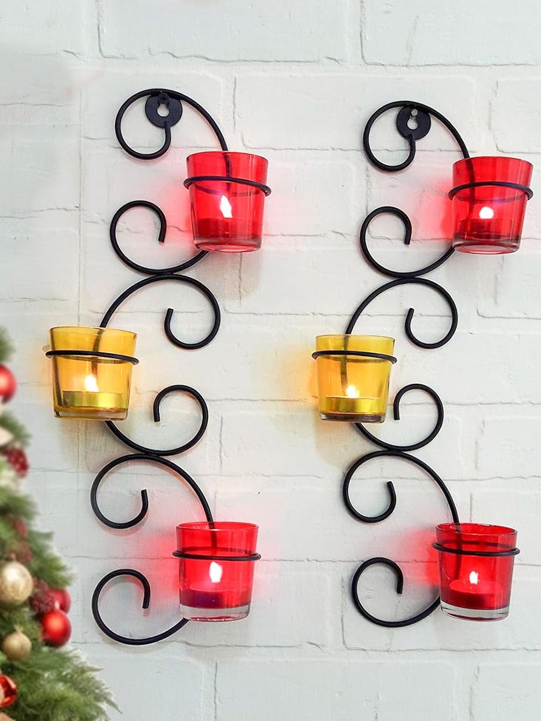 

TIED RIBBONS Red & Yellow 2 Pieces Wall Hanging Tealight Candle Holder