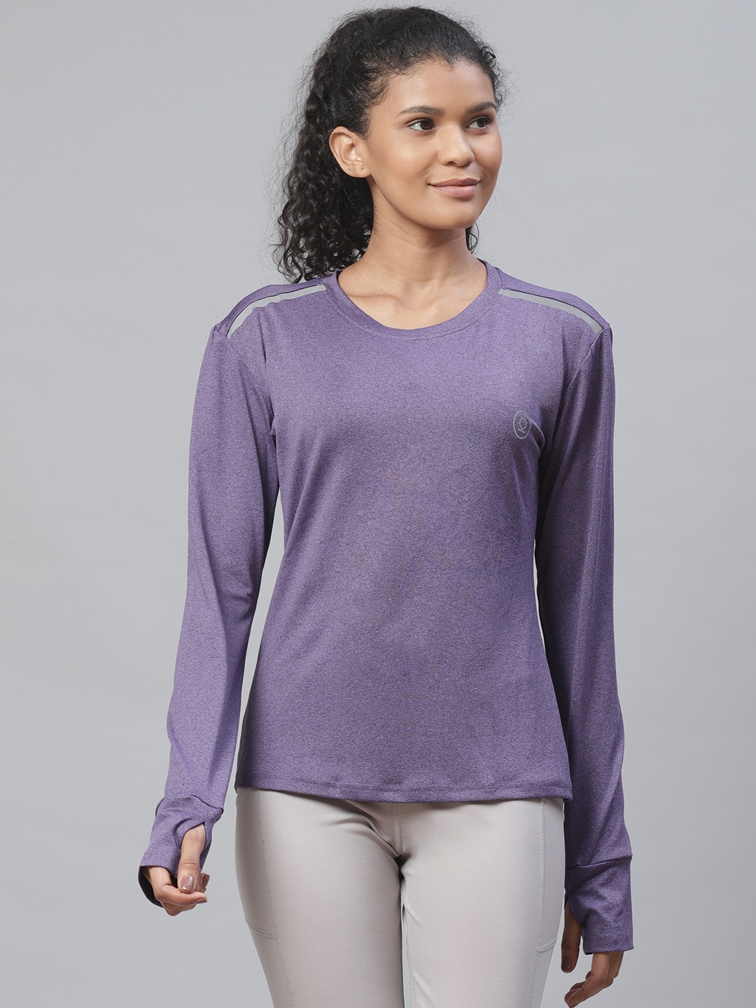 

CHKOKKO Women Purple Solid Round Neck Yoga T-shirt