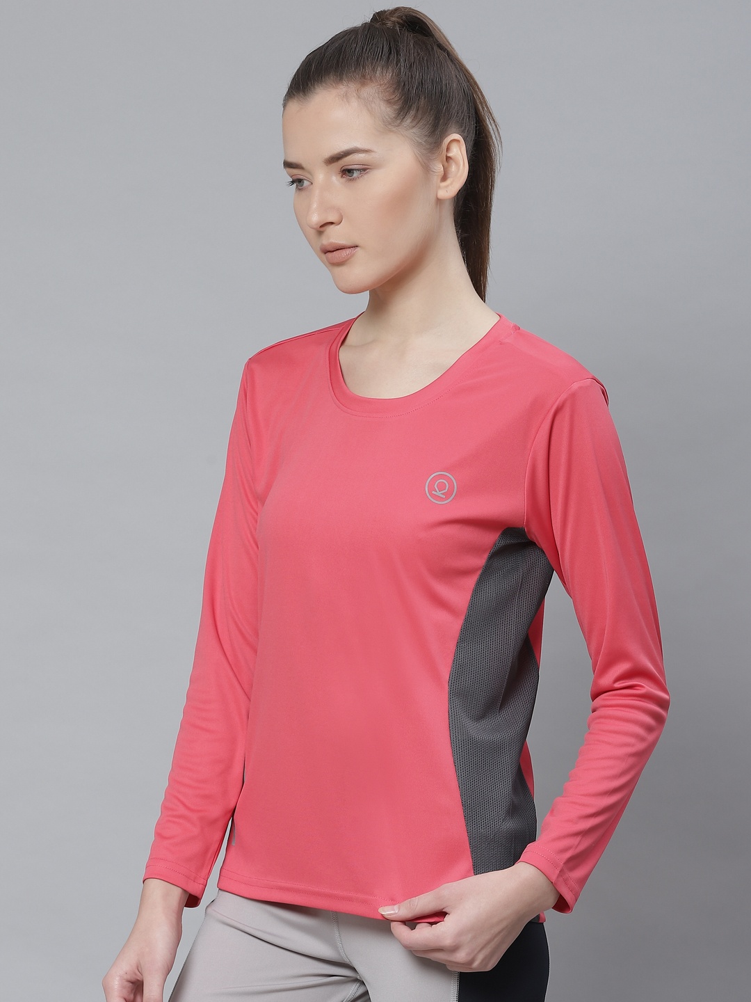 

CHKOKKO Women Coral Pink Solid Round Neck Yoga T-shirt