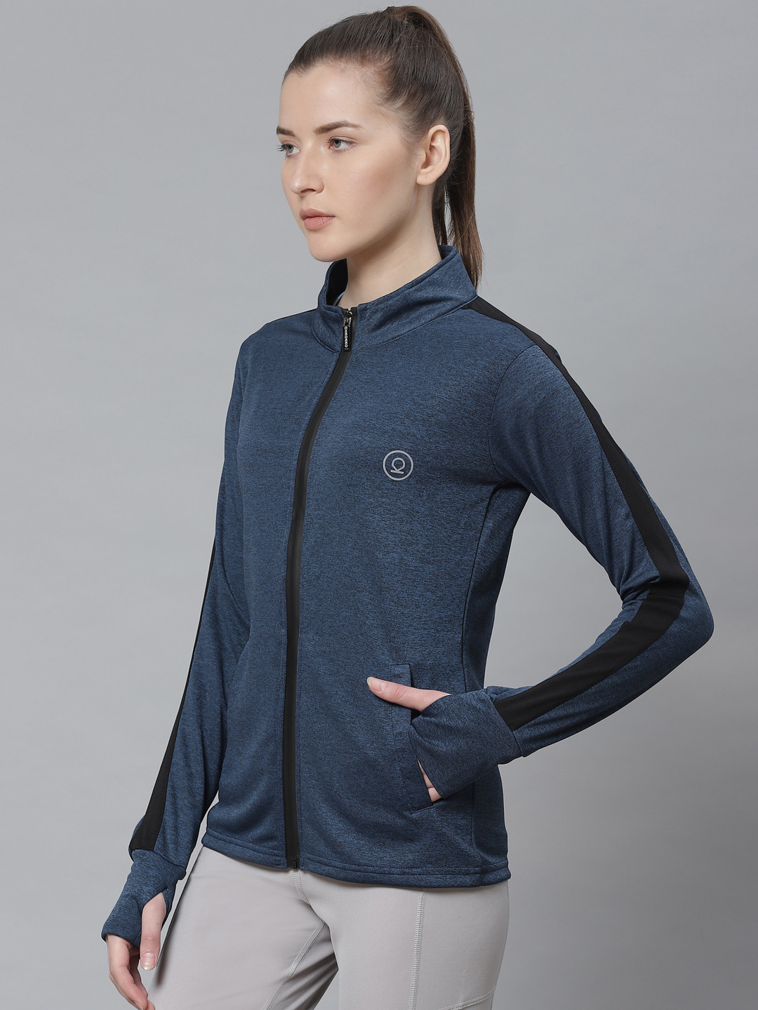 

Chkokko Women Navy Blue Solid Running Jacket